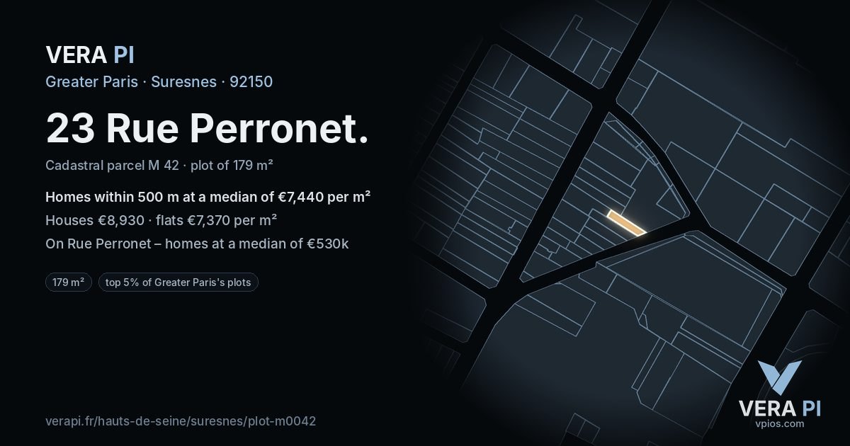 23 Rue Perronet, Suresnes at night – the plot lit, the parcels around coloured by the prices near them