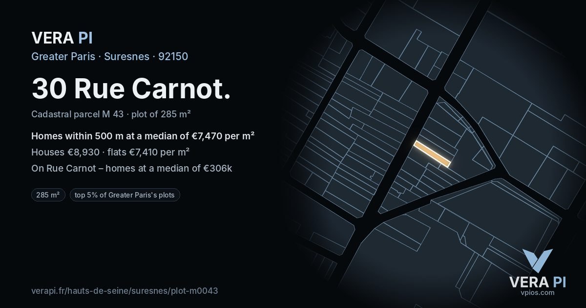 30 Rue Carnot, Suresnes at night – the plot lit, the parcels around coloured by the prices near them