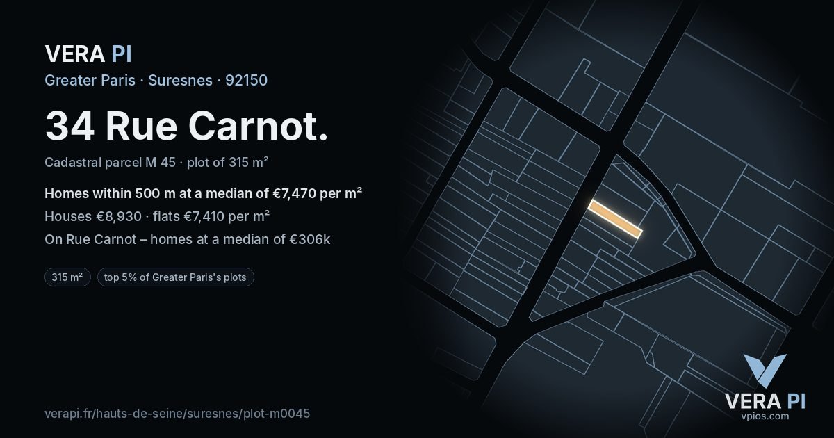 34 Rue Carnot, Suresnes at night – the plot lit, the parcels around coloured by the prices near them