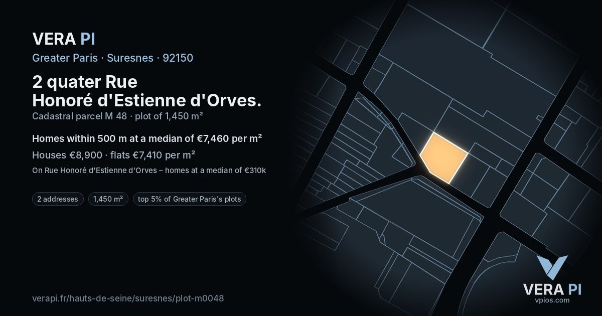 2 quater Rue Honoré d'Estienne d'Orves, Suresnes at night – the plot lit, the parcels around coloured by the prices near them