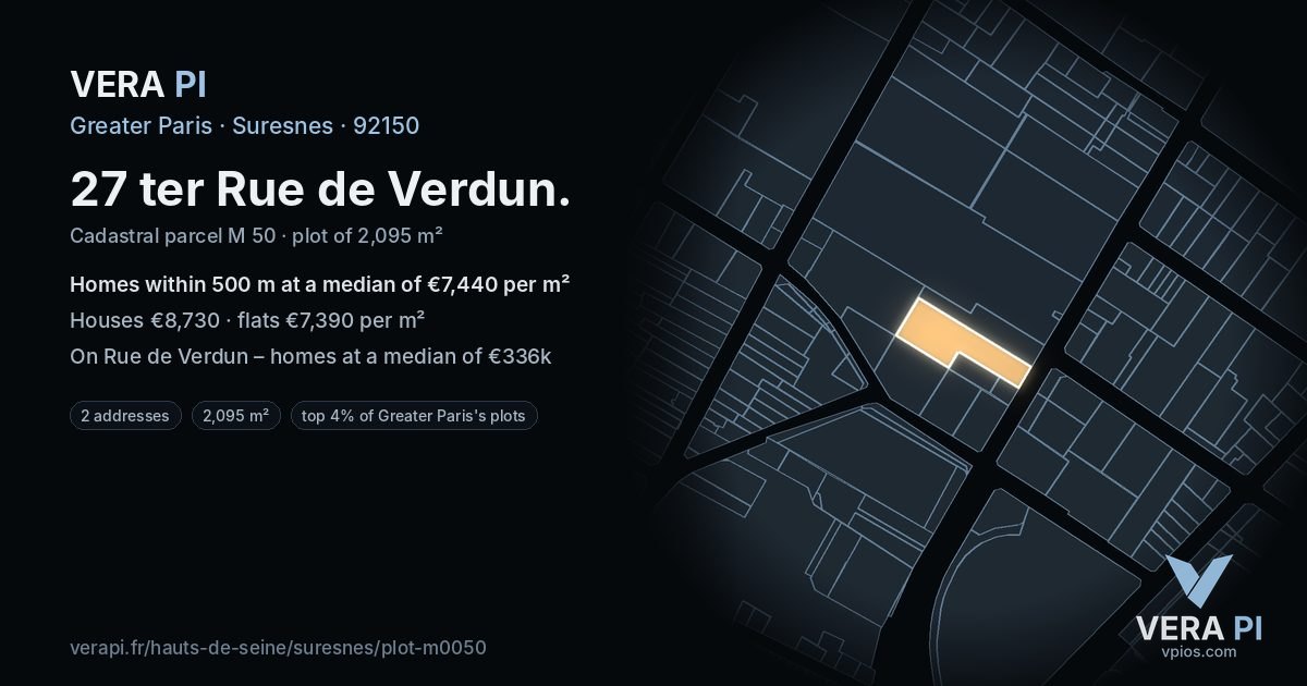 27 ter Rue de Verdun, Suresnes at night – the plot lit, the parcels around coloured by the prices near them