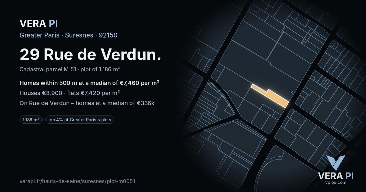 29 Rue de Verdun, Suresnes at night – the plot lit, the parcels around coloured by the prices near them