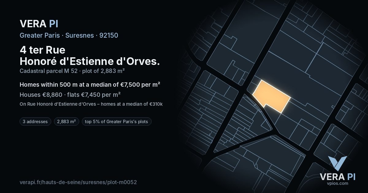 4 ter Rue Honoré d'Estienne d'Orves, Suresnes at night – the plot lit, the parcels around coloured by the prices near them