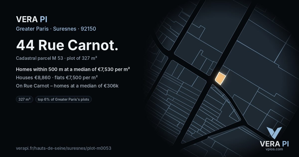 44 Rue Carnot, Suresnes at night – the plot lit, the parcels around coloured by the prices near them