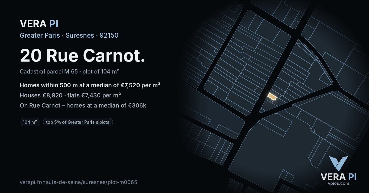 20 Rue Carnot, Suresnes at night – the plot lit, the parcels around coloured by the prices near them
