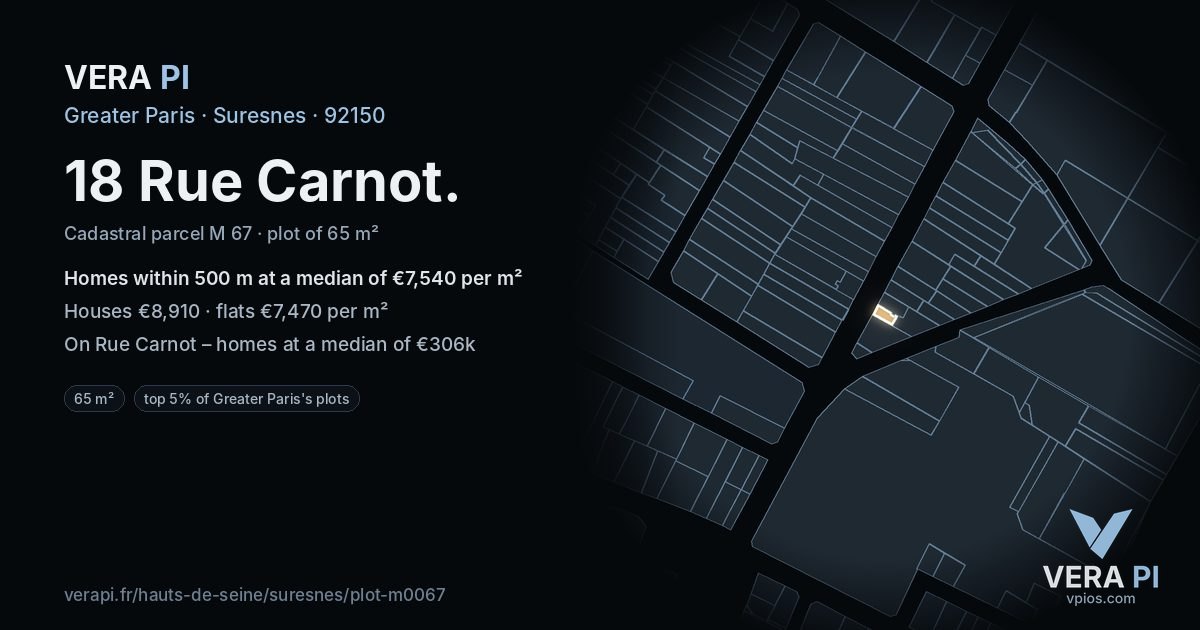18 Rue Carnot, Suresnes at night – the plot lit, the parcels around coloured by the prices near them
