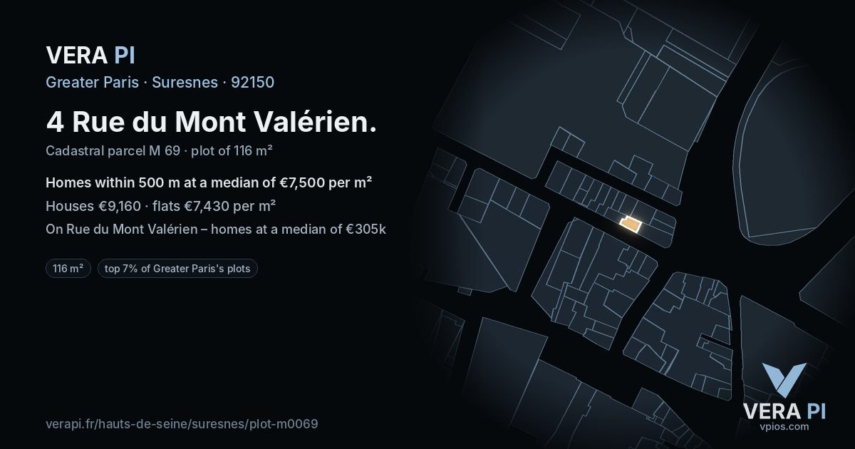4 Rue du Mont Valérien, Suresnes at night – the plot lit, the parcels around coloured by the prices near them