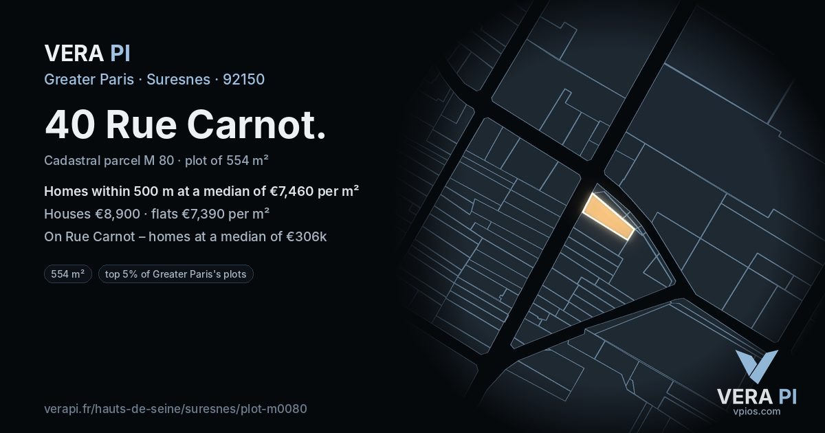 40 Rue Carnot, Suresnes at night – the plot lit, the parcels around coloured by the prices near them