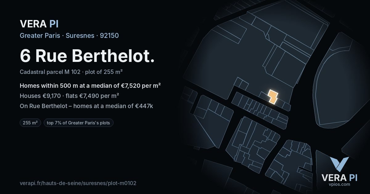6 Rue Berthelot, Suresnes at night – the plot lit, the parcels around coloured by the prices near them