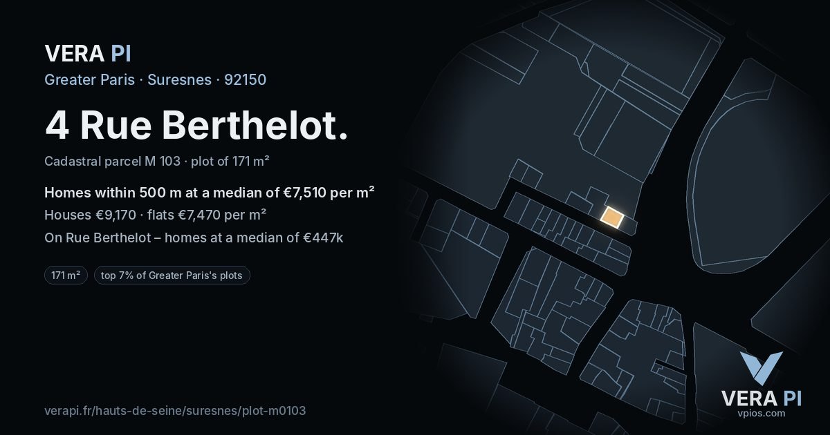4 Rue Berthelot, Suresnes at night – the plot lit, the parcels around coloured by the prices near them