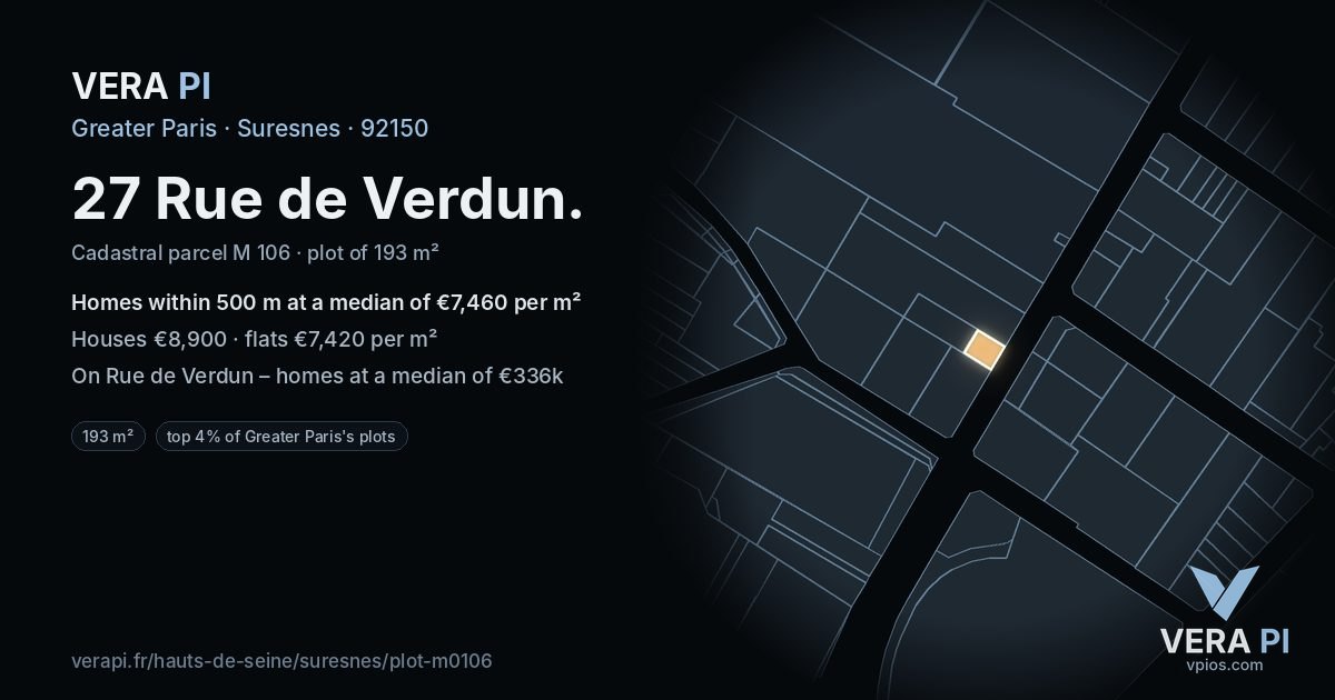 27 Rue de Verdun, Suresnes at night – the plot lit, the parcels around coloured by the prices near them