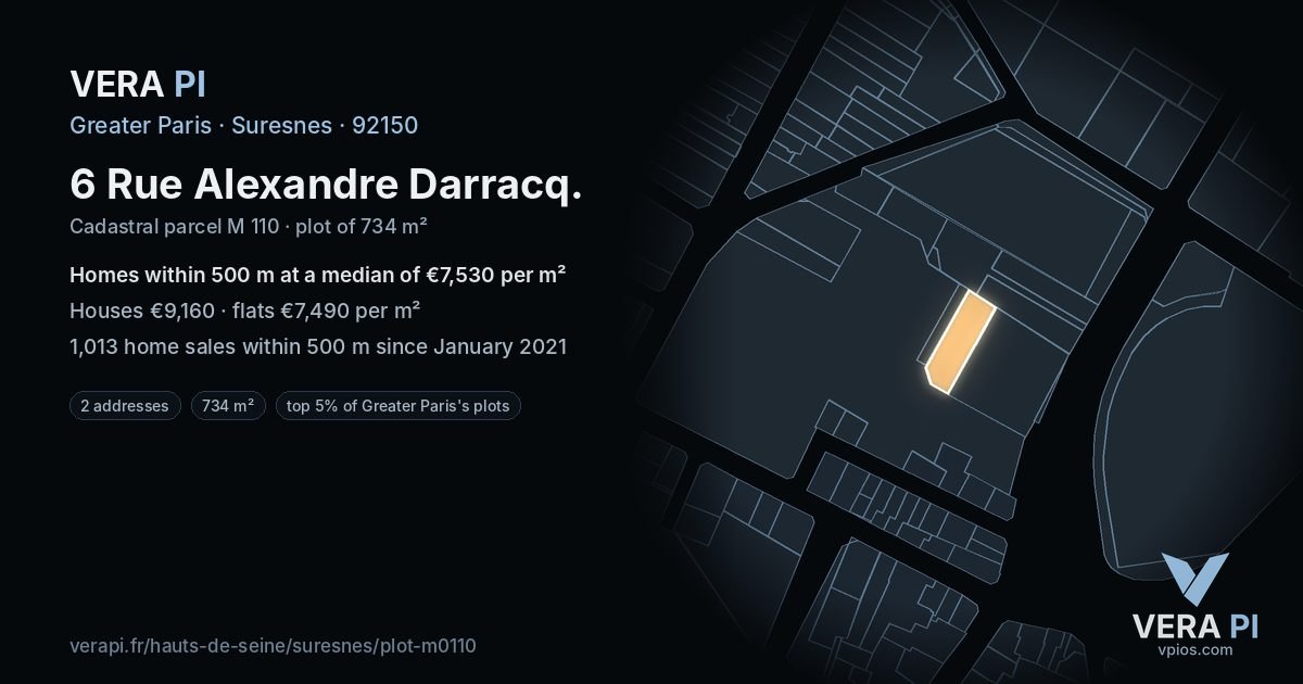 6 Rue Alexandre Darracq, Suresnes at night – the plot lit, the parcels around coloured by the prices near them