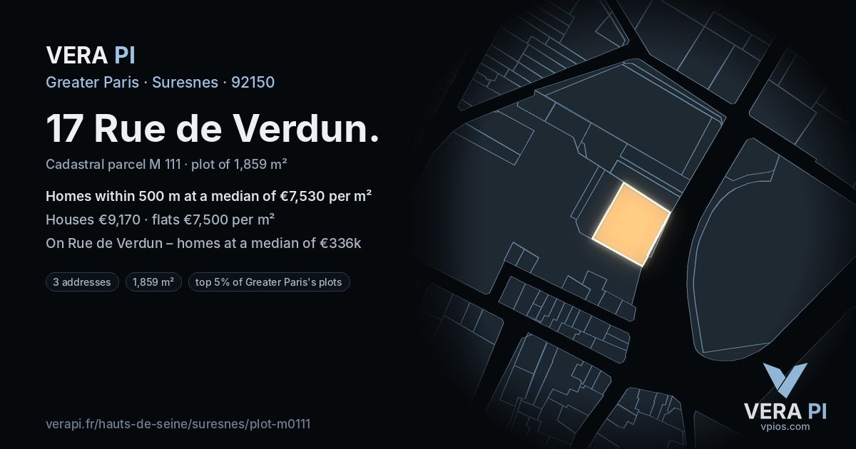 17 Rue de Verdun, Suresnes at night – the plot lit, the parcels around coloured by the prices near them