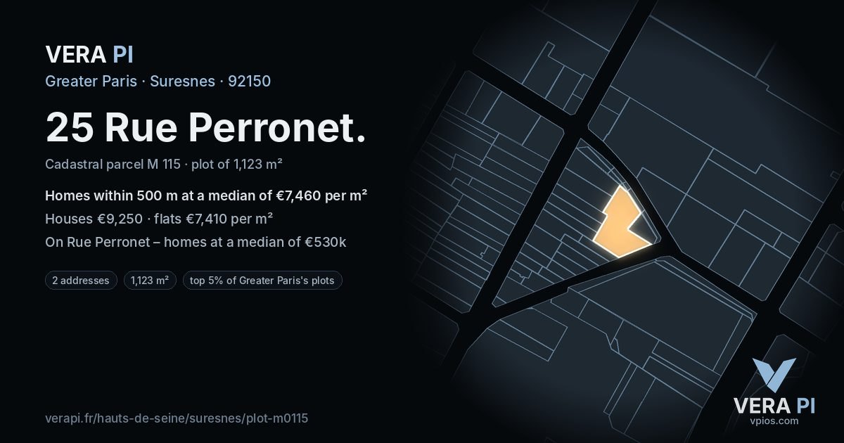 25 Rue Perronet, Suresnes at night – the plot lit, the parcels around coloured by the prices near them
