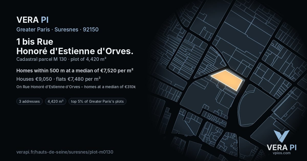 1 bis Rue Honoré d'Estienne d'Orves, Suresnes at night – the plot lit, the parcels around coloured by the prices near them