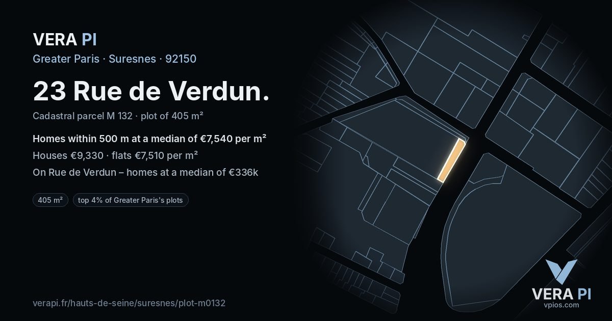 23 Rue de Verdun, Suresnes at night – the plot lit, the parcels around coloured by the prices near them