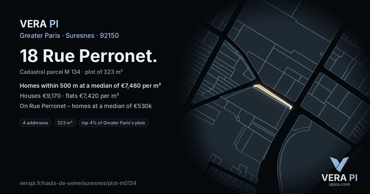 18 Rue Perronet, Suresnes at night – the plot lit, the parcels around coloured by the prices near them
