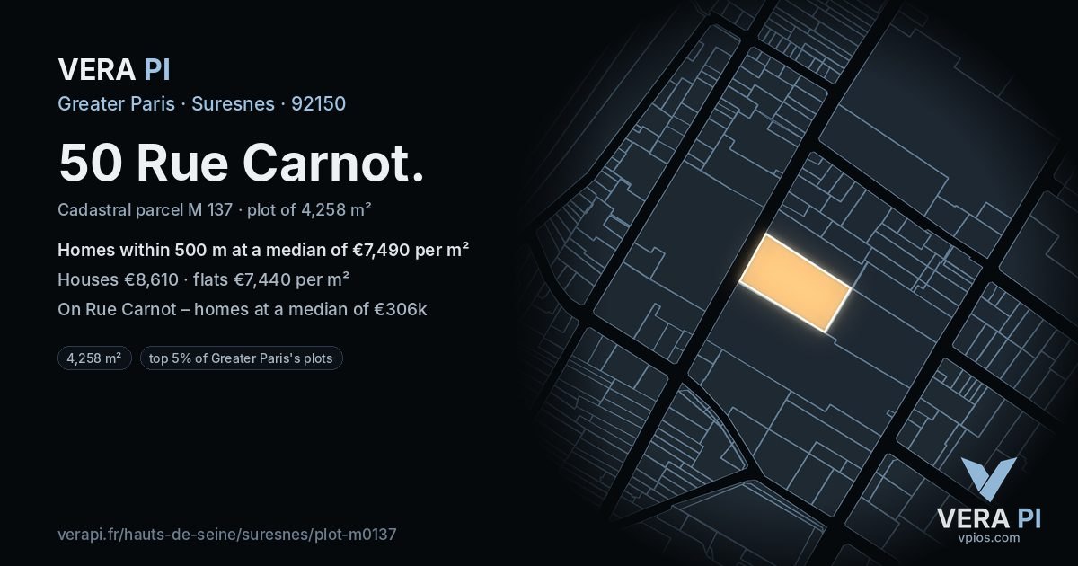 50 Rue Carnot, Suresnes at night – the plot lit, the parcels around coloured by the prices near them