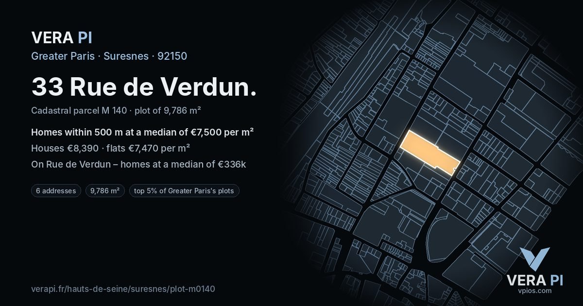 33 Rue de Verdun, Suresnes at night – the plot lit, the parcels around coloured by the prices near them