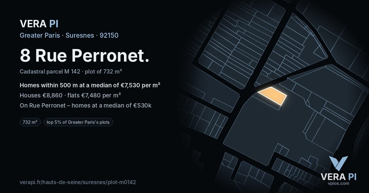 8 Rue Perronet, Suresnes at night – the plot lit, the parcels around coloured by the prices near them