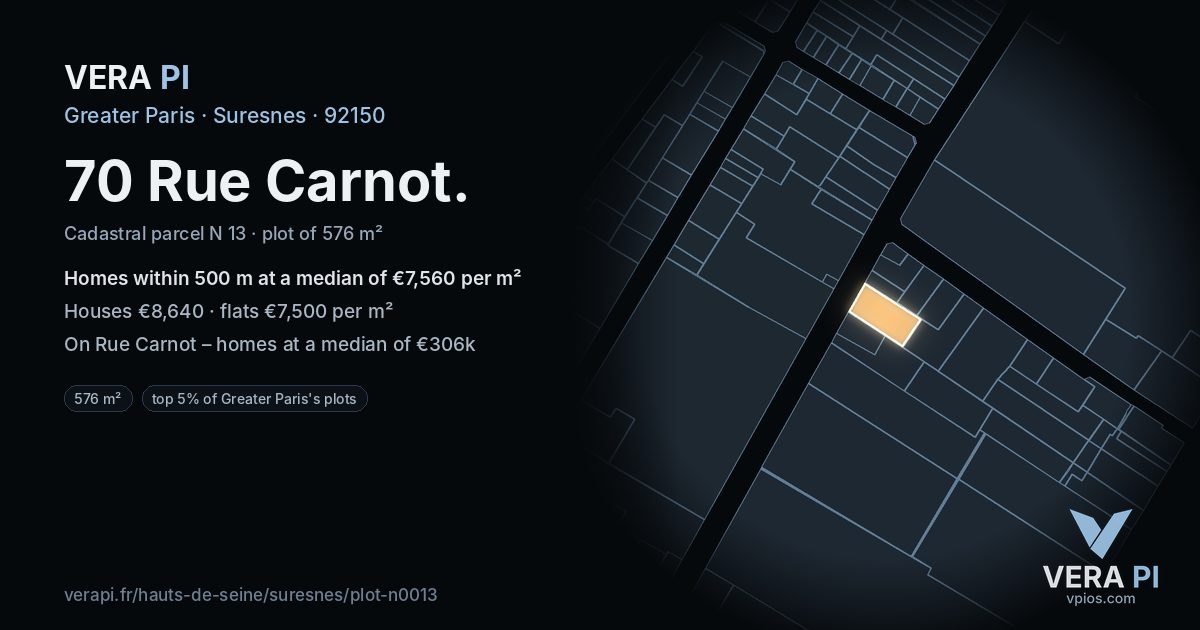 70 Rue Carnot, Suresnes at night – the plot lit, the parcels around coloured by the prices near them