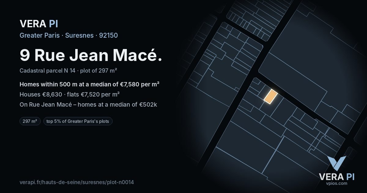 9 Rue Jean Macé, Suresnes at night – the plot lit, the parcels around coloured by the prices near them