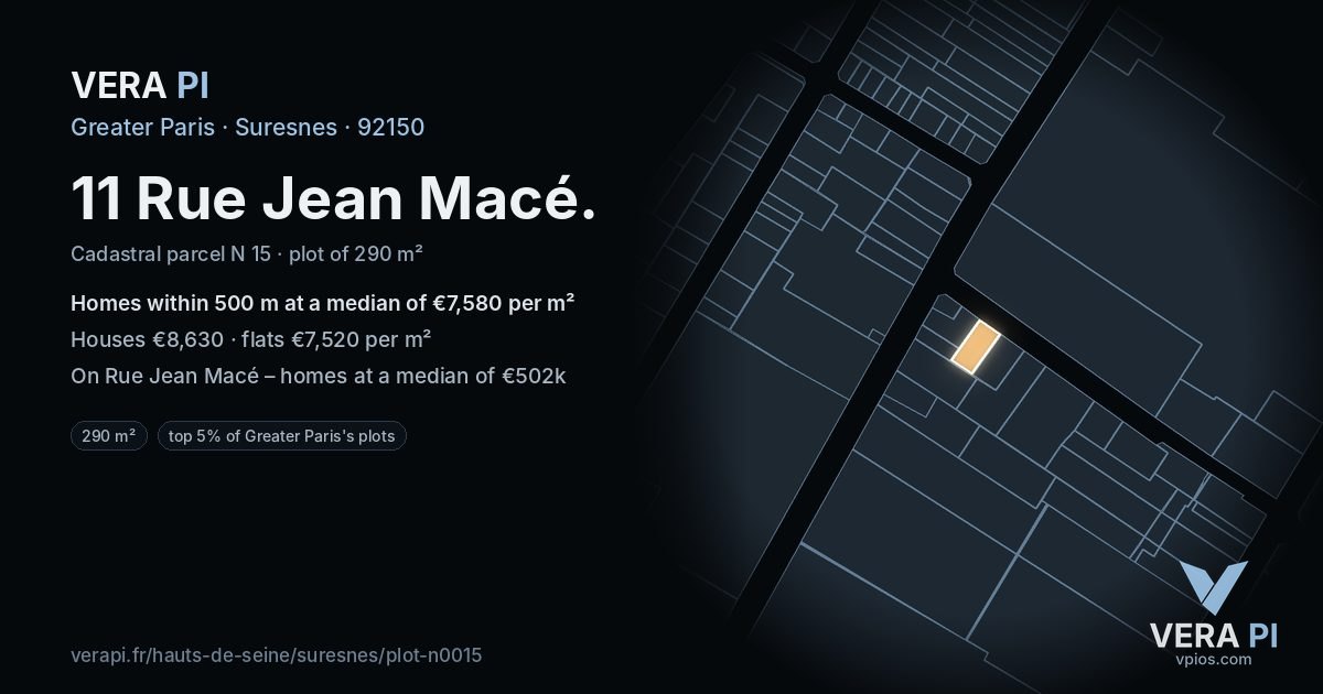 11 Rue Jean Macé, Suresnes at night – the plot lit, the parcels around coloured by the prices near them