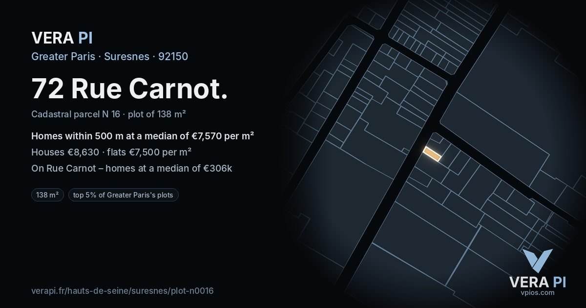 72 Rue Carnot, Suresnes at night – the plot lit, the parcels around coloured by the prices near them