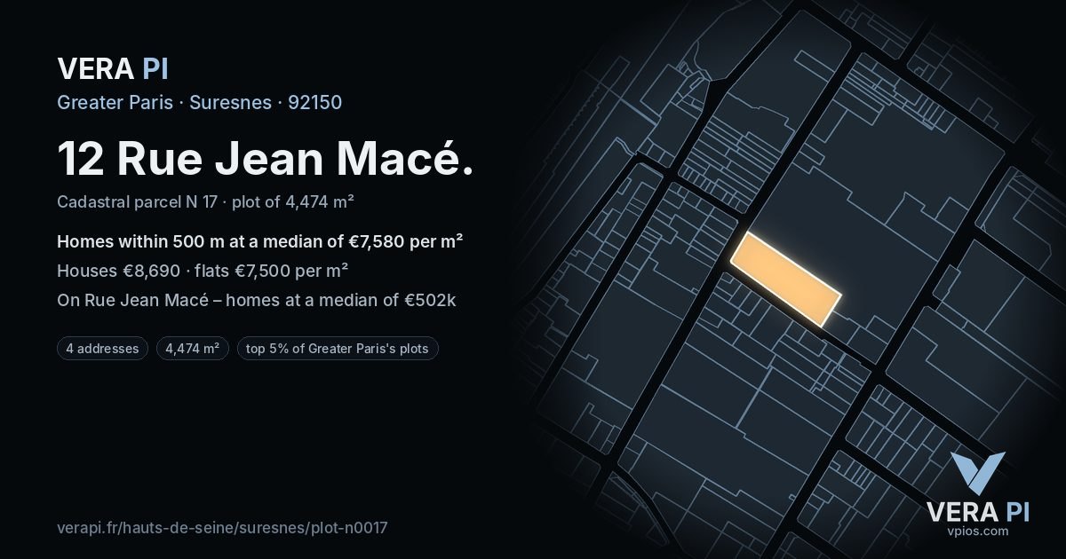 12 Rue Jean Macé, Suresnes at night – the plot lit, the parcels around coloured by the prices near them