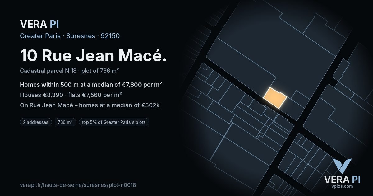10 Rue Jean Macé, Suresnes at night – the plot lit, the parcels around coloured by the prices near them