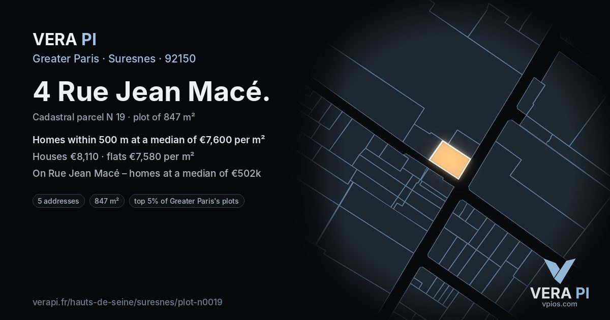 4 Rue Jean Macé, Suresnes at night – the plot lit, the parcels around coloured by the prices near them