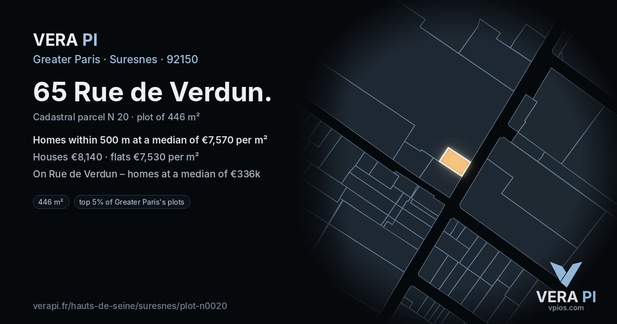 65 Rue de Verdun, Suresnes at night – the plot lit, the parcels around coloured by the prices near them