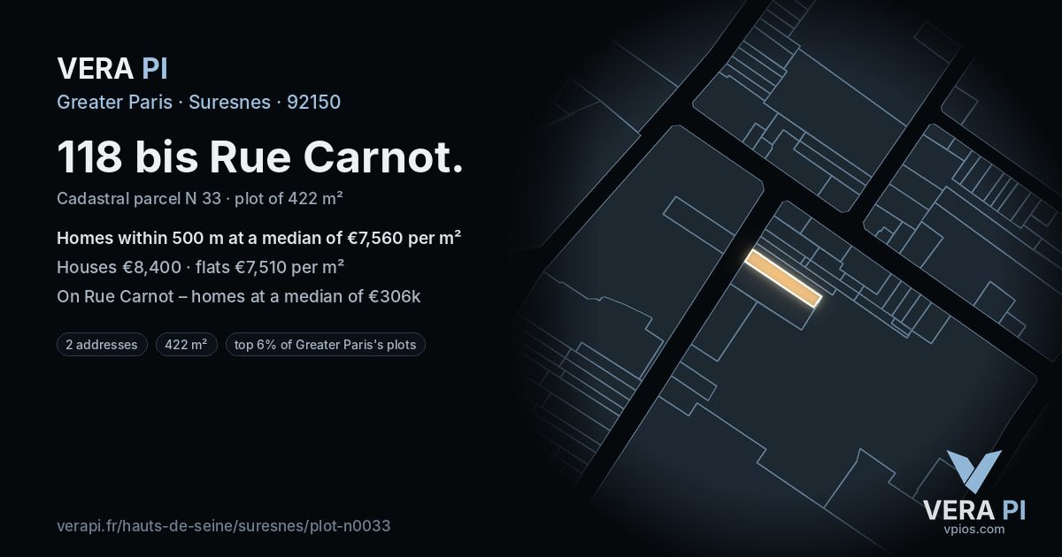 118 bis Rue Carnot, Suresnes at night – the plot lit, the parcels around coloured by the prices near them