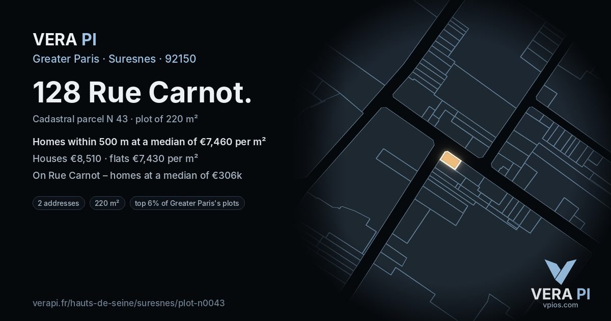 128 Rue Carnot, Suresnes at night – the plot lit, the parcels around coloured by the prices near them