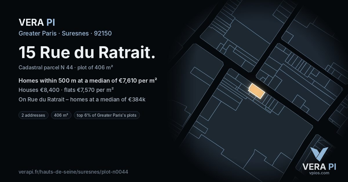 15 Rue du Ratrait, Suresnes at night – the plot lit, the parcels around coloured by the prices near them