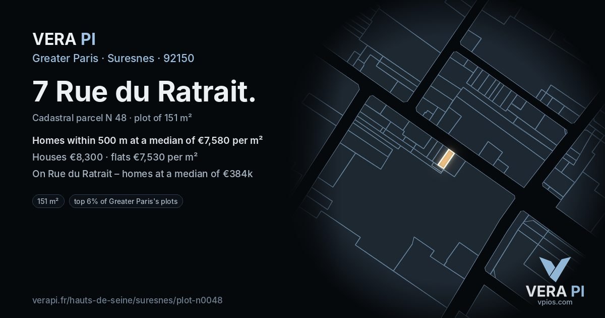 7 Rue du Ratrait, Suresnes at night – the plot lit, the parcels around coloured by the prices near them