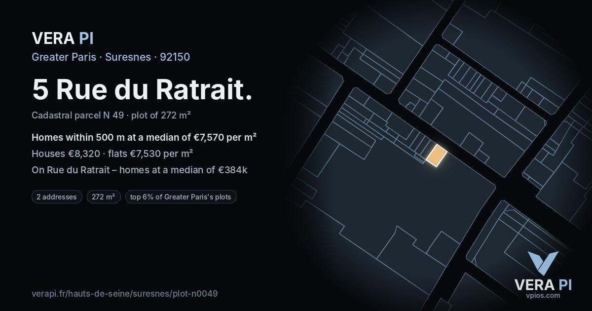 5 Rue du Ratrait, Suresnes at night – the plot lit, the parcels around coloured by the prices near them