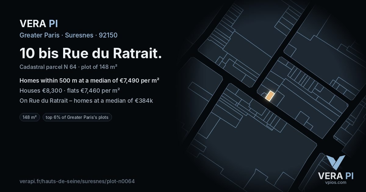 10 bis Rue du Ratrait, Suresnes at night – the plot lit, the parcels around coloured by the prices near them