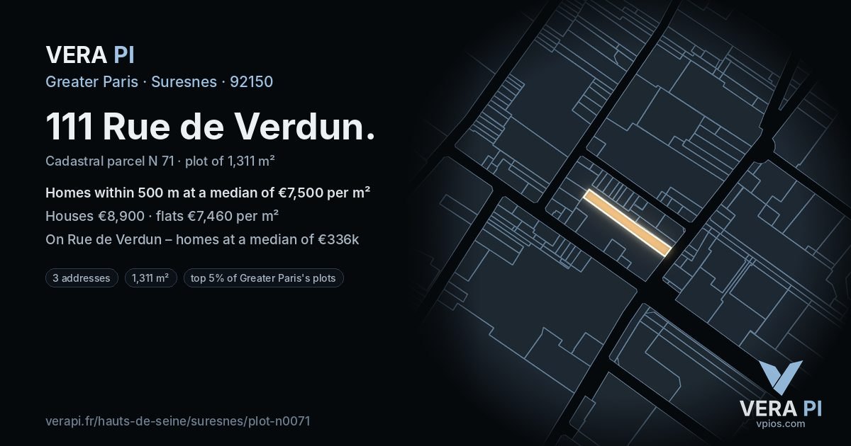 111 Rue de Verdun, Suresnes at night – the plot lit, the parcels around coloured by the prices near them