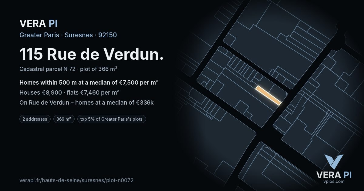 115 Rue de Verdun, Suresnes at night – the plot lit, the parcels around coloured by the prices near them