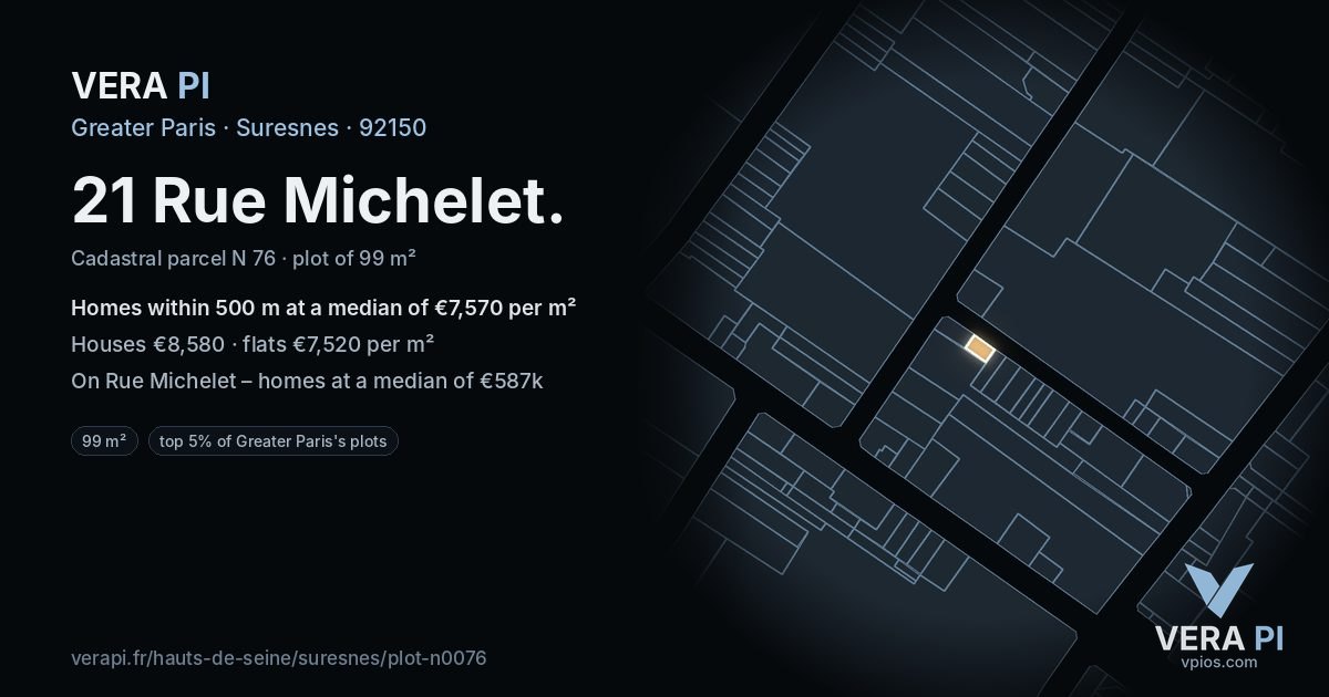 21 Rue Michelet, Suresnes at night – the plot lit, the parcels around coloured by the prices near them