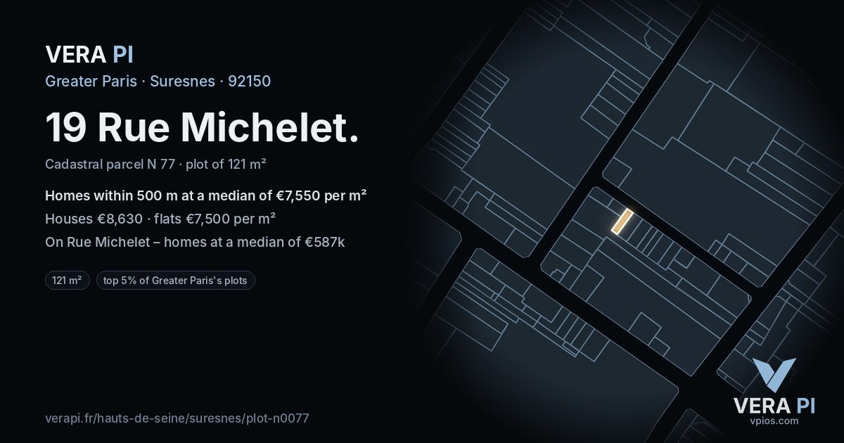 19 Rue Michelet, Suresnes at night – the plot lit, the parcels around coloured by the prices near them