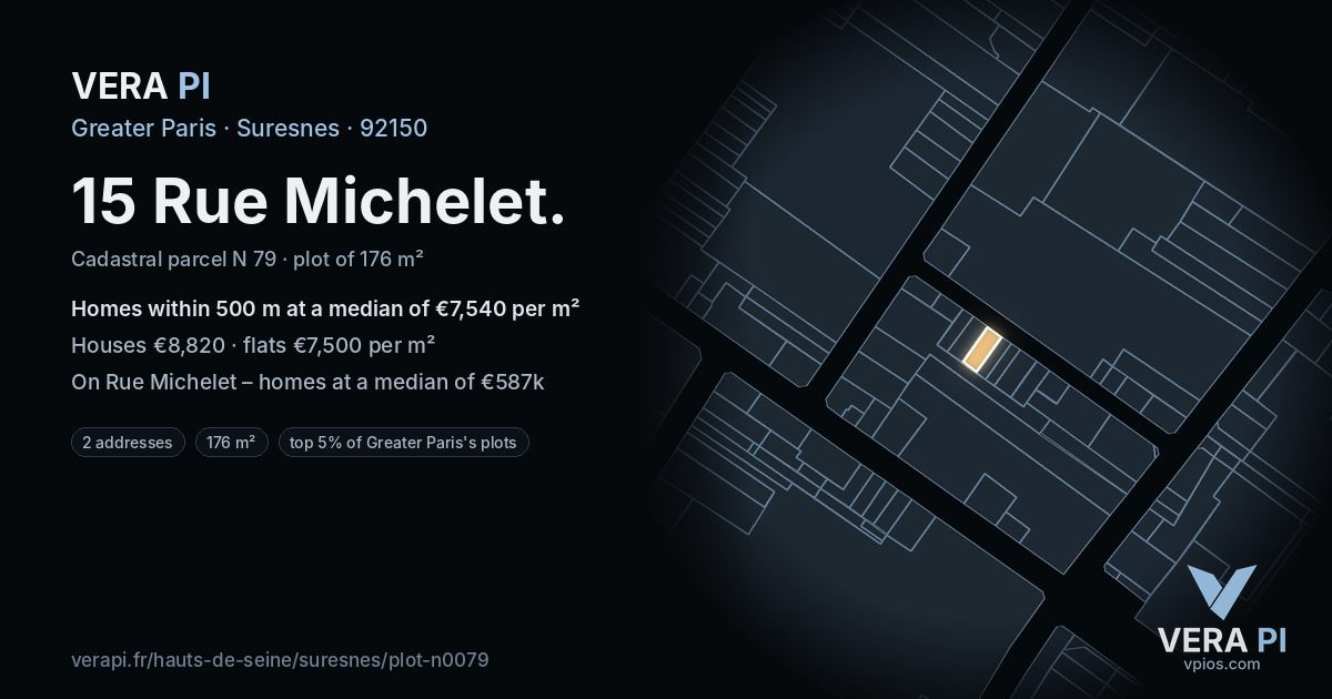 15 Rue Michelet, Suresnes at night – the plot lit, the parcels around coloured by the prices near them