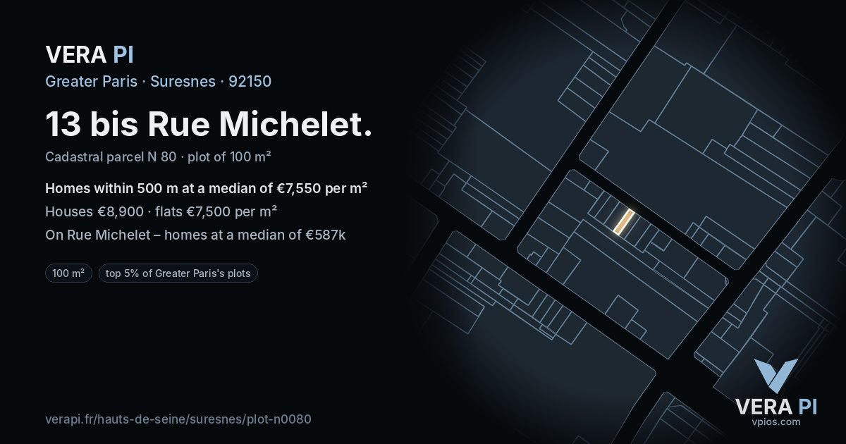 13 bis Rue Michelet, Suresnes at night – the plot lit, the parcels around coloured by the prices near them