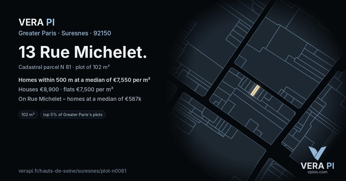 13 Rue Michelet, Suresnes at night – the plot lit, the parcels around coloured by the prices near them