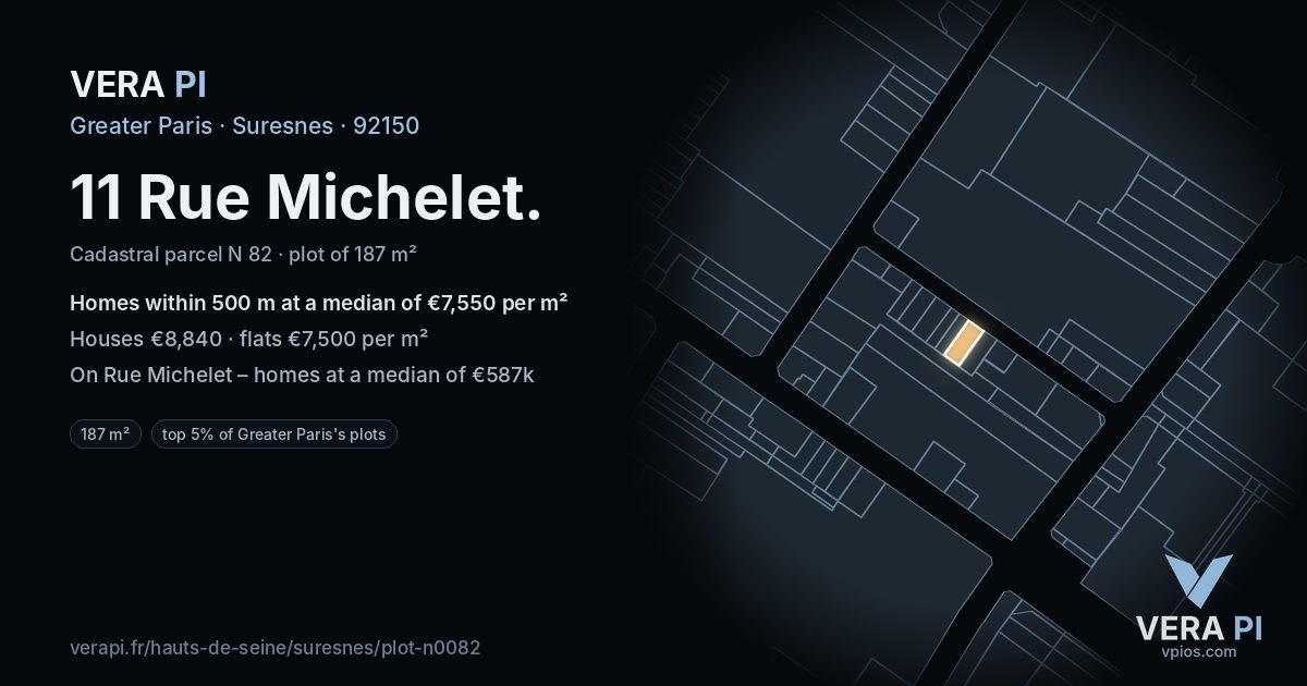 11 Rue Michelet, Suresnes at night – the plot lit, the parcels around coloured by the prices near them