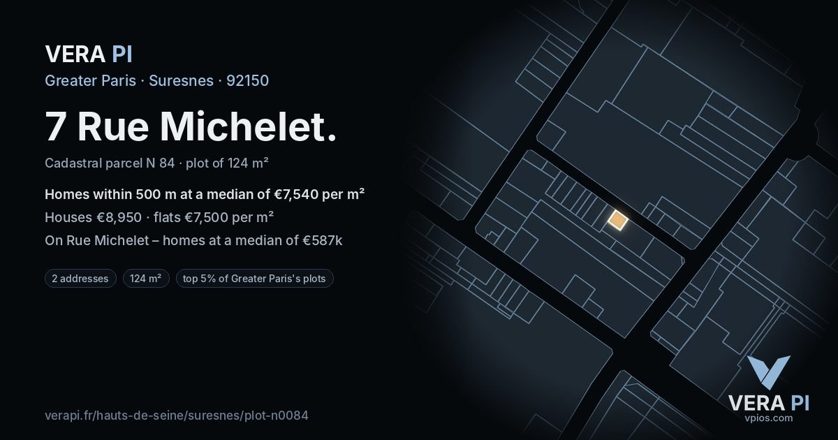 7 Rue Michelet, Suresnes at night – the plot lit, the parcels around coloured by the prices near them