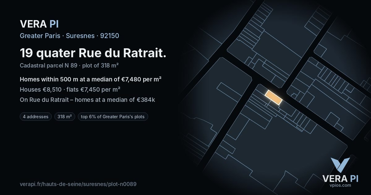 19 quater Rue du Ratrait, Suresnes at night – the plot lit, the parcels around coloured by the prices near them