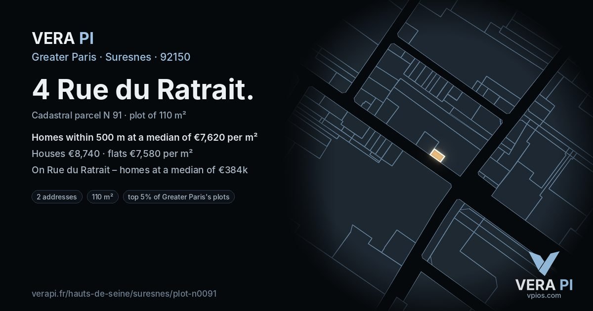 4 Rue du Ratrait, Suresnes at night – the plot lit, the parcels around coloured by the prices near them