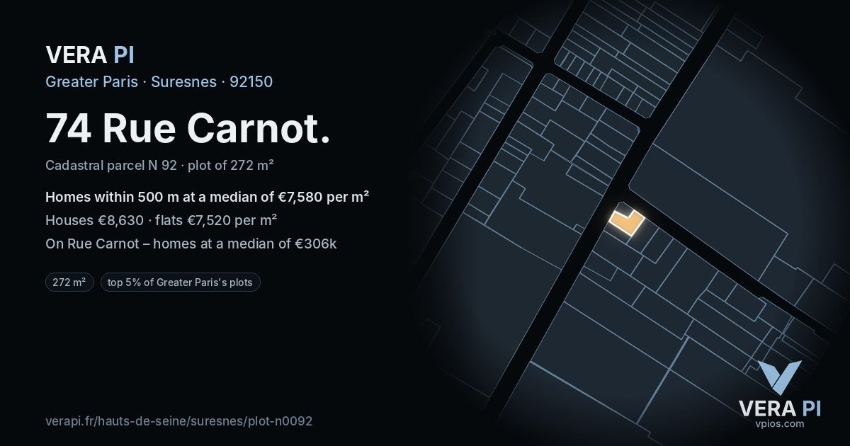 74 Rue Carnot, Suresnes at night – the plot lit, the parcels around coloured by the prices near them
